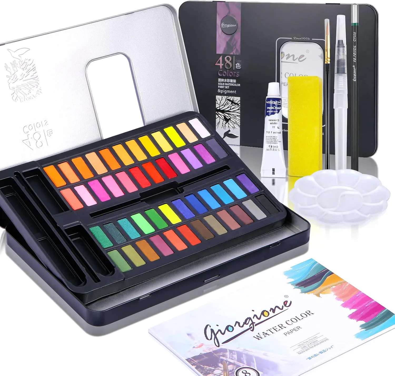 Bild von guansheng Aquarellfarben Set mit 48 Farben in fester Box, ideal für Anfänger und Profis