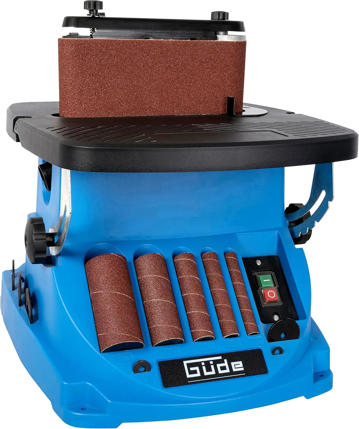 Bild von Güde GSBSM 450 Spindel-Bandschleifmaschine mit 450 W, oszillierend und werkzeuglos umrüstbar, Tisch stufenlos verstellbar von 0 bis 45 Grad, inklusive umfangreichem Zubehör