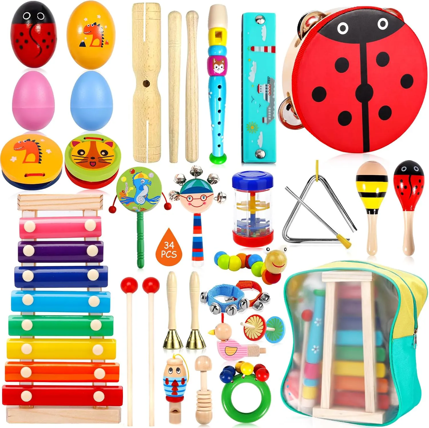 Bild von GUHAOOL 34-teiliges Musikinstrumenten-Set für Kinder mit Holzschlaginstrumenten und Xylophon, geeignet für Kleinkinder ab 3 Jahren