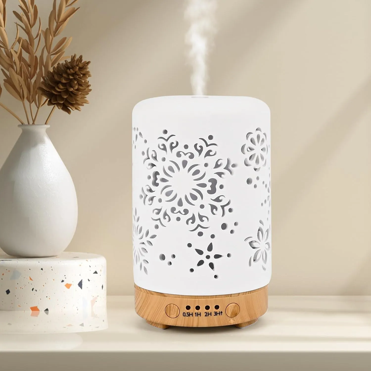Bild von GuKKK Aroma Diffuser aus weißer Keramik mit 100 ml Fassungsvermögen, einstellbarem Nebelmodus, LED in 7 Farben und Timer für Schlafzimmer, Yoga und Büro