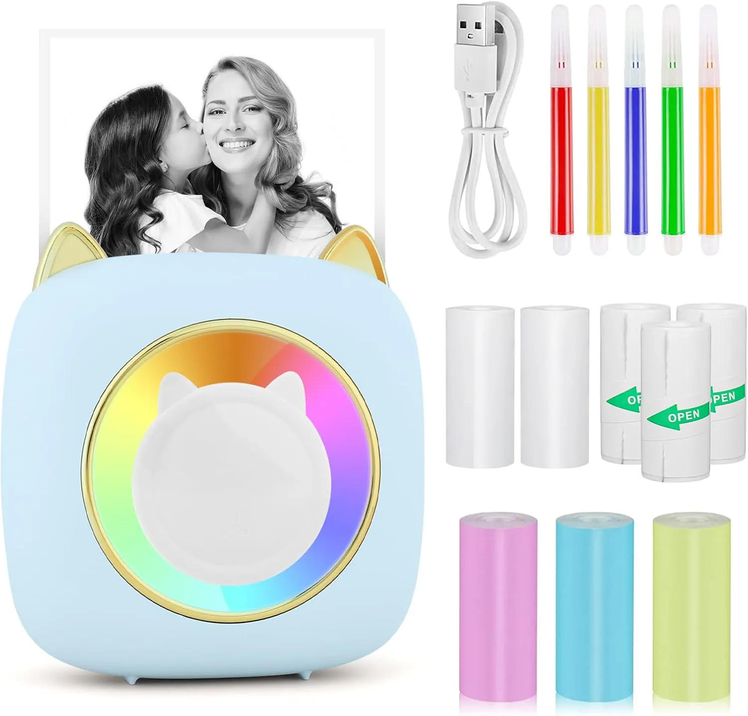 Bild von GuKKK Mini Drucker, tragbarer Fotodrucker mit Bluetooth und sieben Farben LED für Lernnotizen und Journale