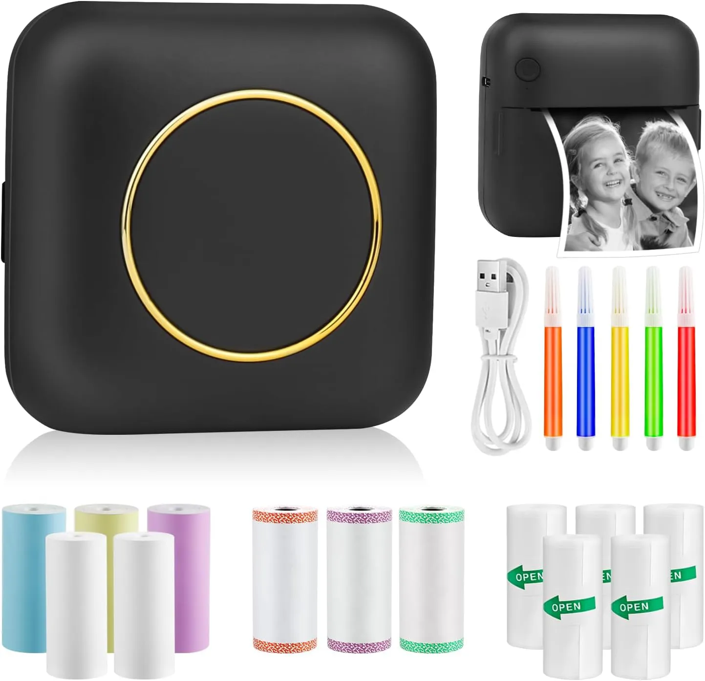 Bild von GuKKK Mini Fotodrucker mit Bluetooth, inklusive 13 Rollen Druckerpapier und 5 Buntstiften
