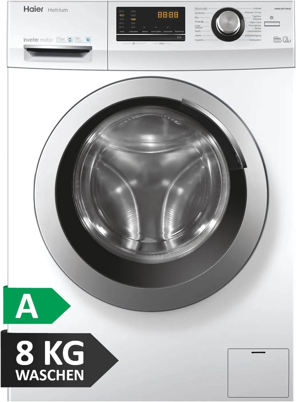 Bild von Haier Waschmaschine 636 HW80-BP14636N mit 8 kg Fassungsvermögen, A-Effizienz, 1400 Umdrehungen pro Minute, Inverter-Motor, Vollwasserschutz, Dampffunktion und Mengenautomatik