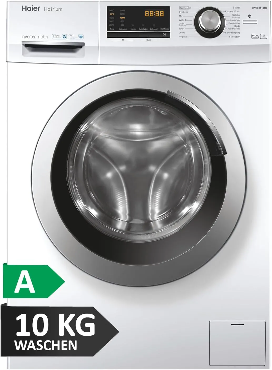 Bild von Haier Waschmaschine HW100-BP14636N mit 10 kg Fassungsvermögen, A-Effizienz, 1400 U/min, Inverter-Motor, Vollwasserschutz, Dampffunktion und Mengenautomatik