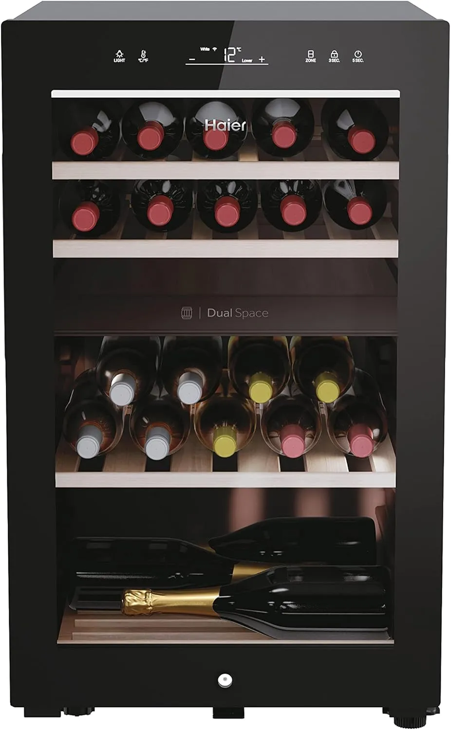Bild von Haier Weinkühlschrank HWS42GDAU1 für 42 Flaschen mit zwei Temperaturzonen und UV-Schutz aus schwarzem Glas