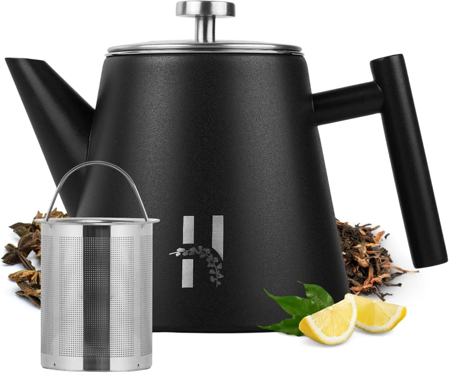 Bild von Hanamura Thermo Teekanne aus Edelstahl mit Siebeinsatz und doppelter Wandisolierung, 1 Liter, schwarzes Metall, modernes Design