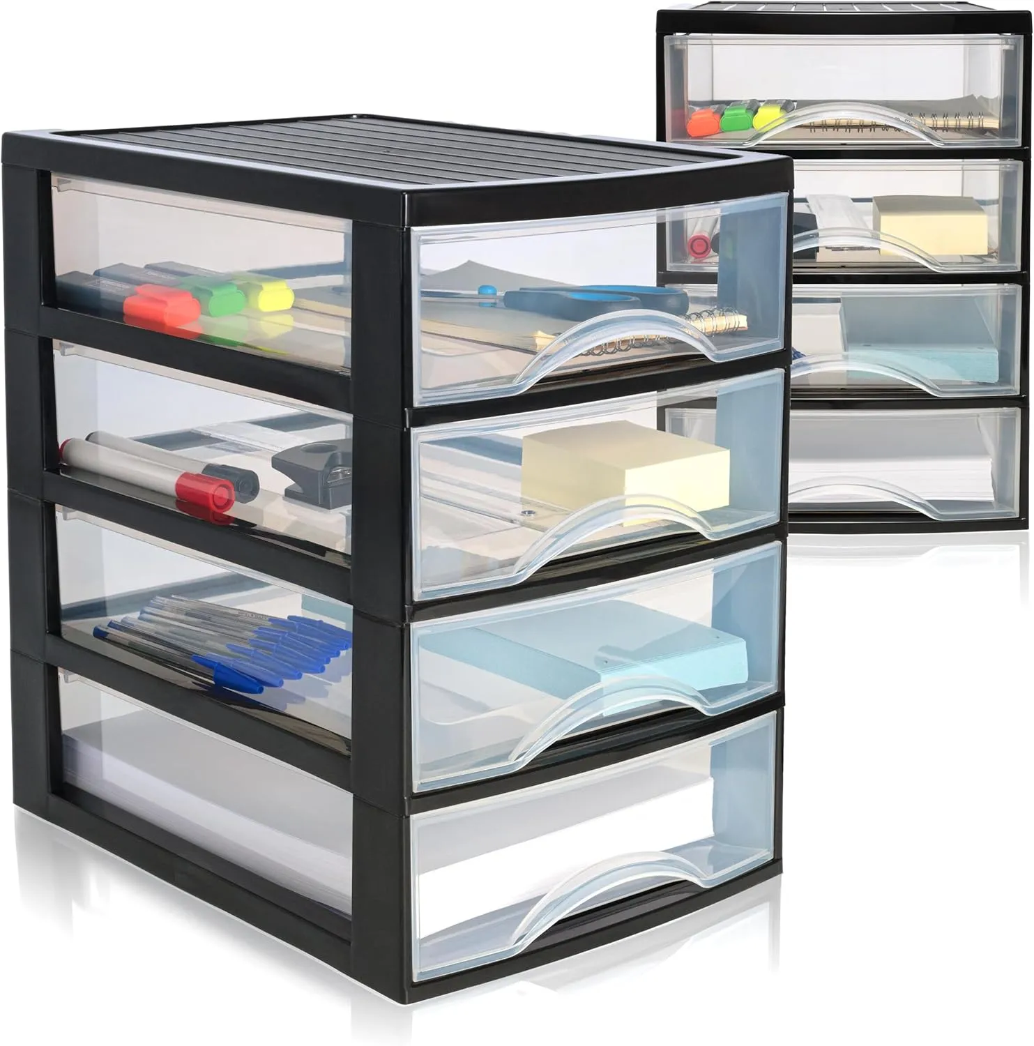 Bild von Hausfelder Schubladenbox Set mit 2 Boxen und jeweils 4 Schubladen in Schwarz Transparent, ideal für Büroorganisation und Schreibtischablage