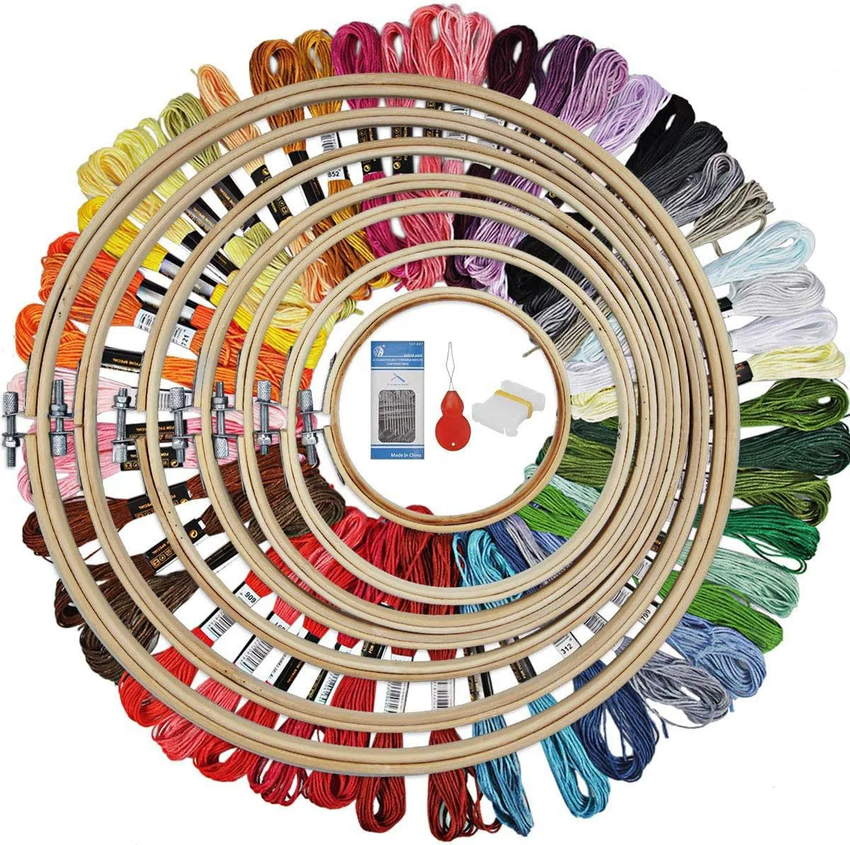 Bild von HAUSPROFI Stickerei Starter Set mit 50 Farbfäden, 12 Nadeln und 7 Bambus Stickrahmen von 4 bis 12 Zoll