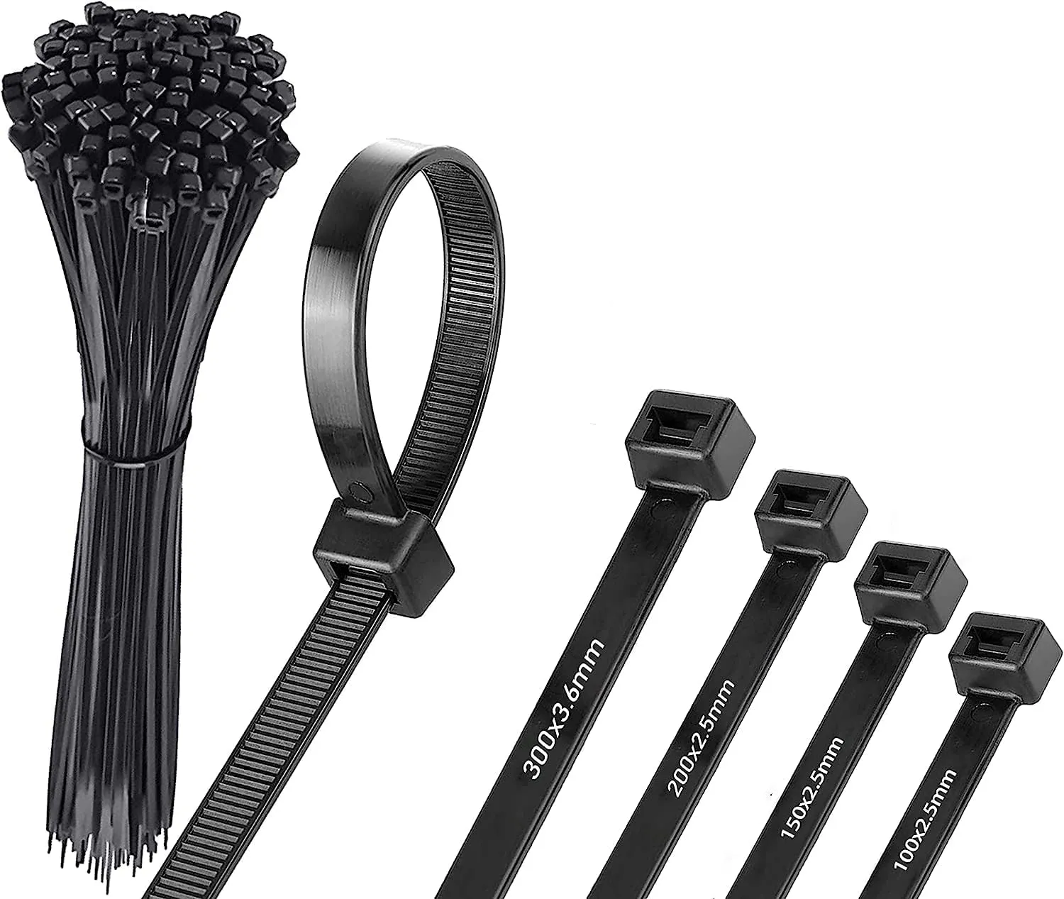 Bild von HAYATEC Kabelbinder Set mit 500 Stück in Schwarz, UV- und hitzebeständig, erhältlich in 4 Größen: 100 mm, 150 mm, 200 mm und 300 mm