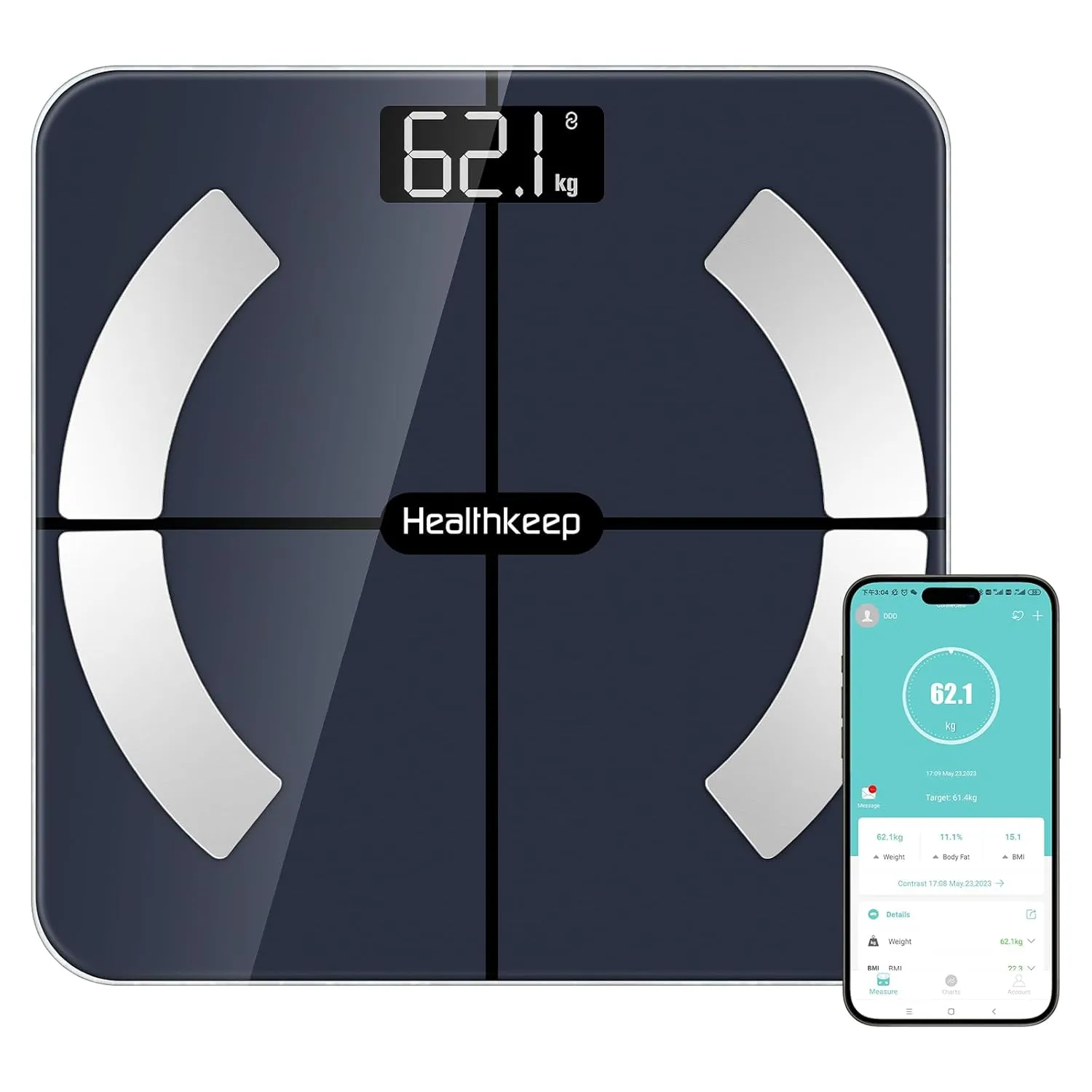 Bild von Healthkeep Bluetooth Personenwaage mit Impedanzmessung und 13 Körperanalysen, Kapazität 180 kg, 28 x 28 cm