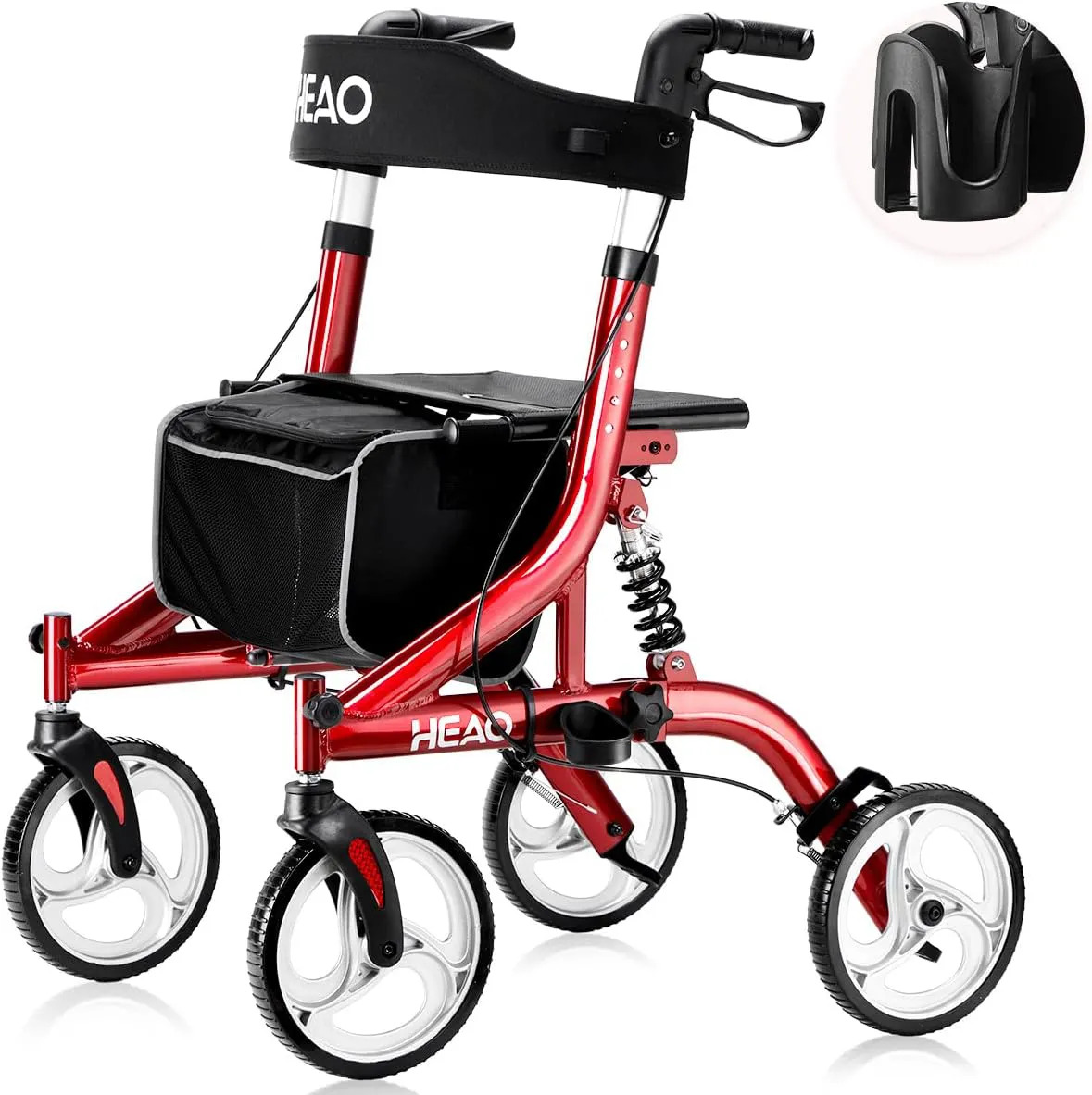 Bild von HEAO Rollator mit Sitz, leichtgewichtig mit 9 kg, belastbar bis 159 kg, ausgestattet mit 4 Stoßdämpferrädern und in Rot
