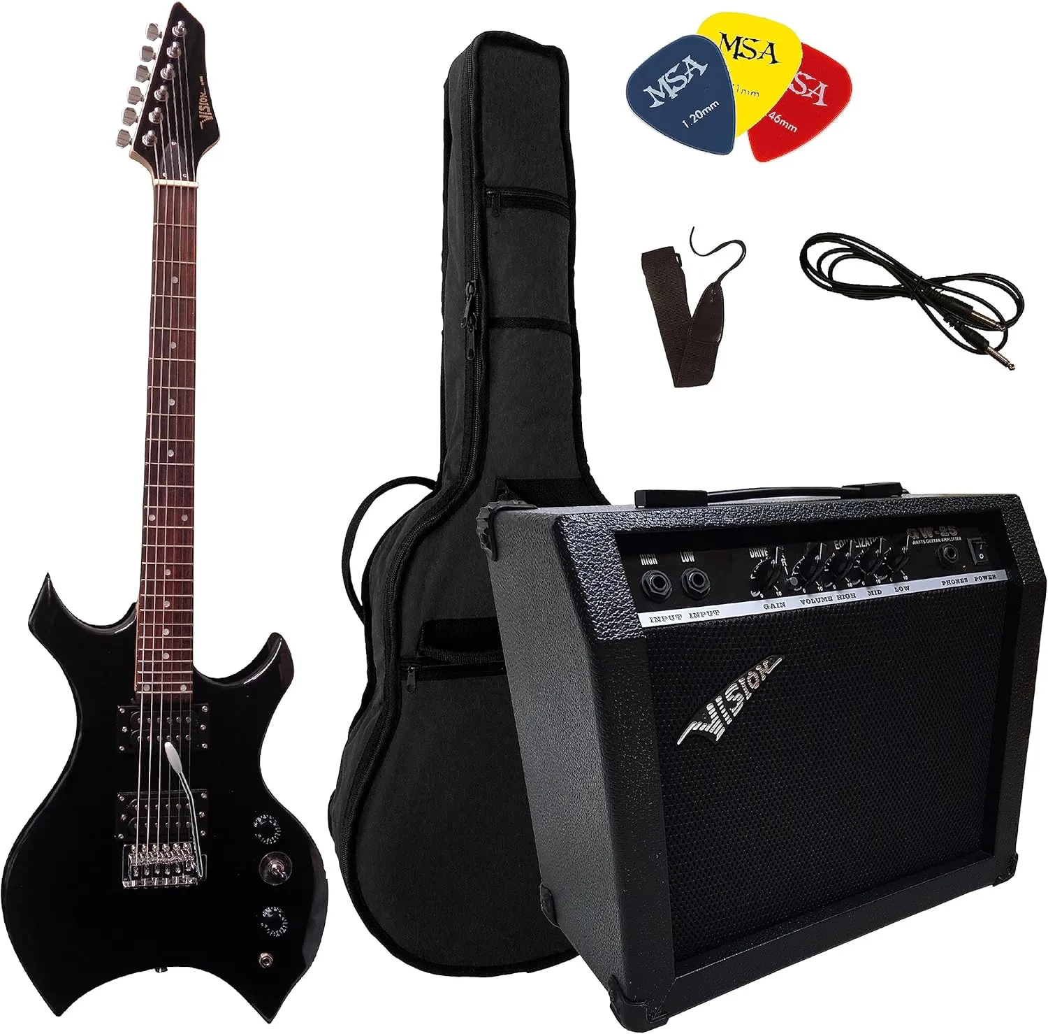 Bild von Heavy Metal Set mit schwarzer E-Gitarre, 45 Watt Verstärker, Tasche, Band, drei Piks und Stimmgerät