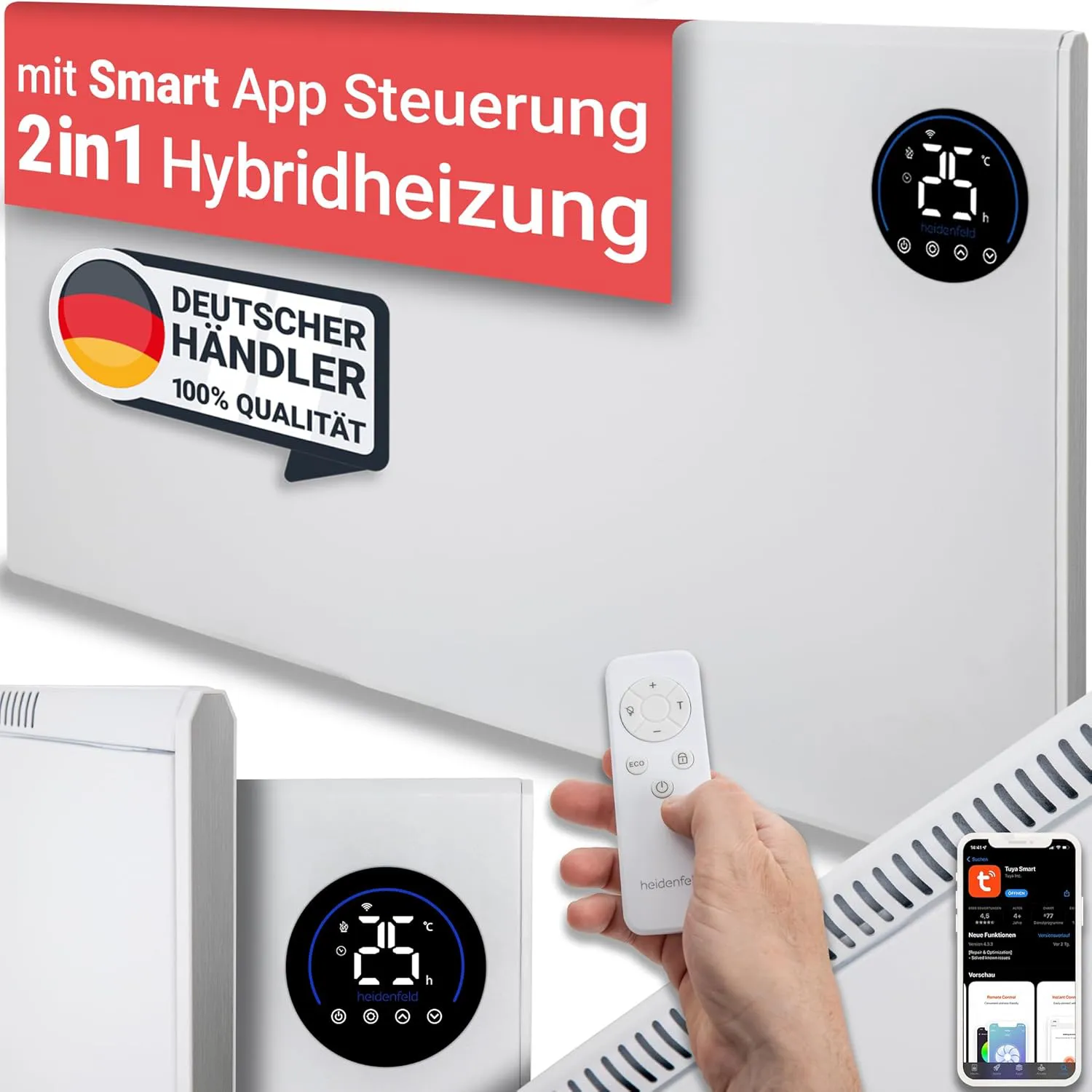 Bild von Heidenfeld HF-HP150 Hybrid Infrarotheizung mit 1000 Watt für bis zu 25 m², App-Steuerung, Fernbedienung und Touch-Bedienfeld