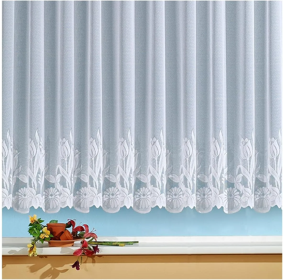Bild von heimtexland Gardine Jacquard in Weiß mit Blumenborte und Kräuselband, Höhe 135 cm und Breite 300 cm, Oekotex Typ 69