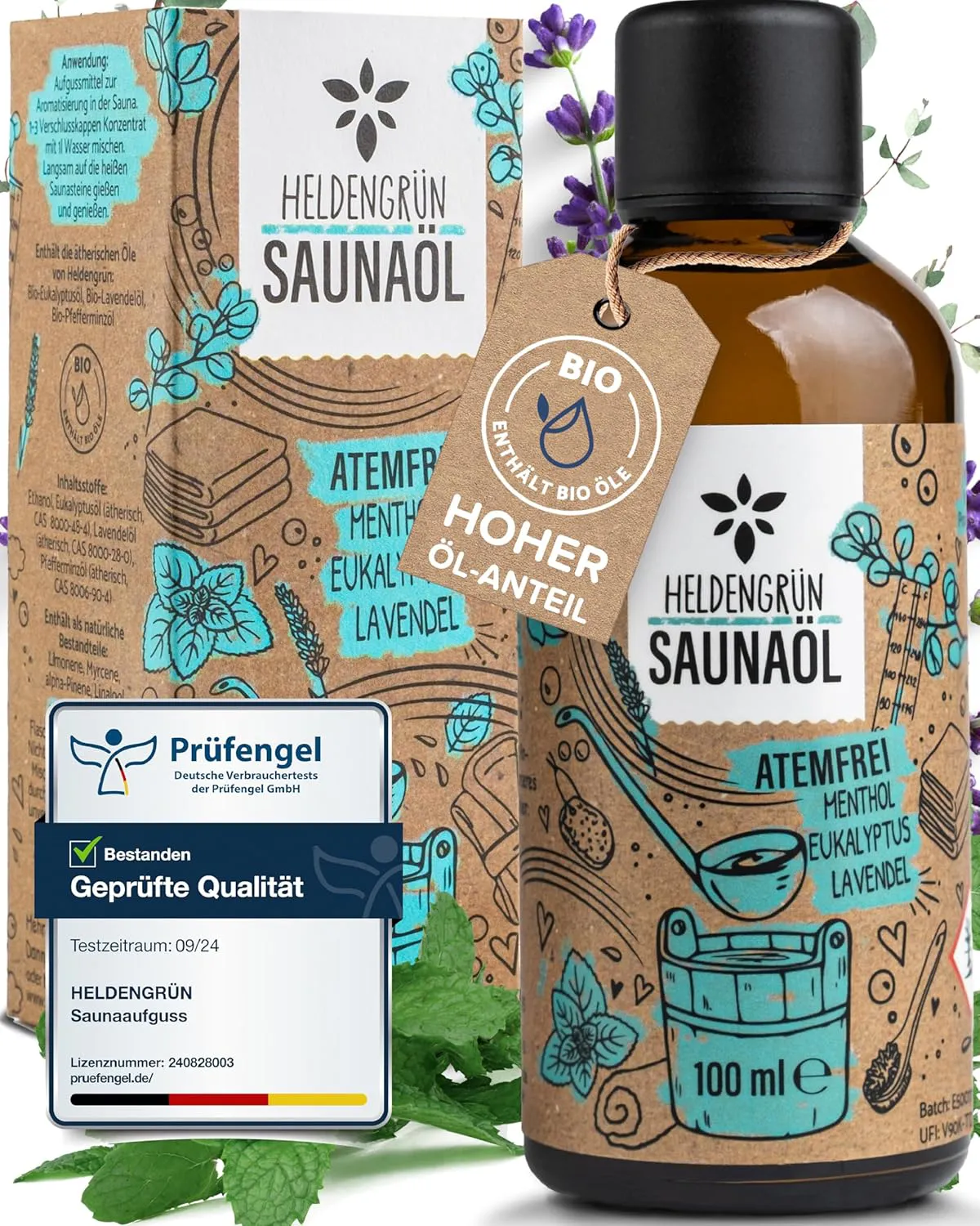 Bild von Heldengrün BIO Saunaaufguss Atemfrei mit ätherischen Ölen aus Menthol, Eukalyptus und Lavendel