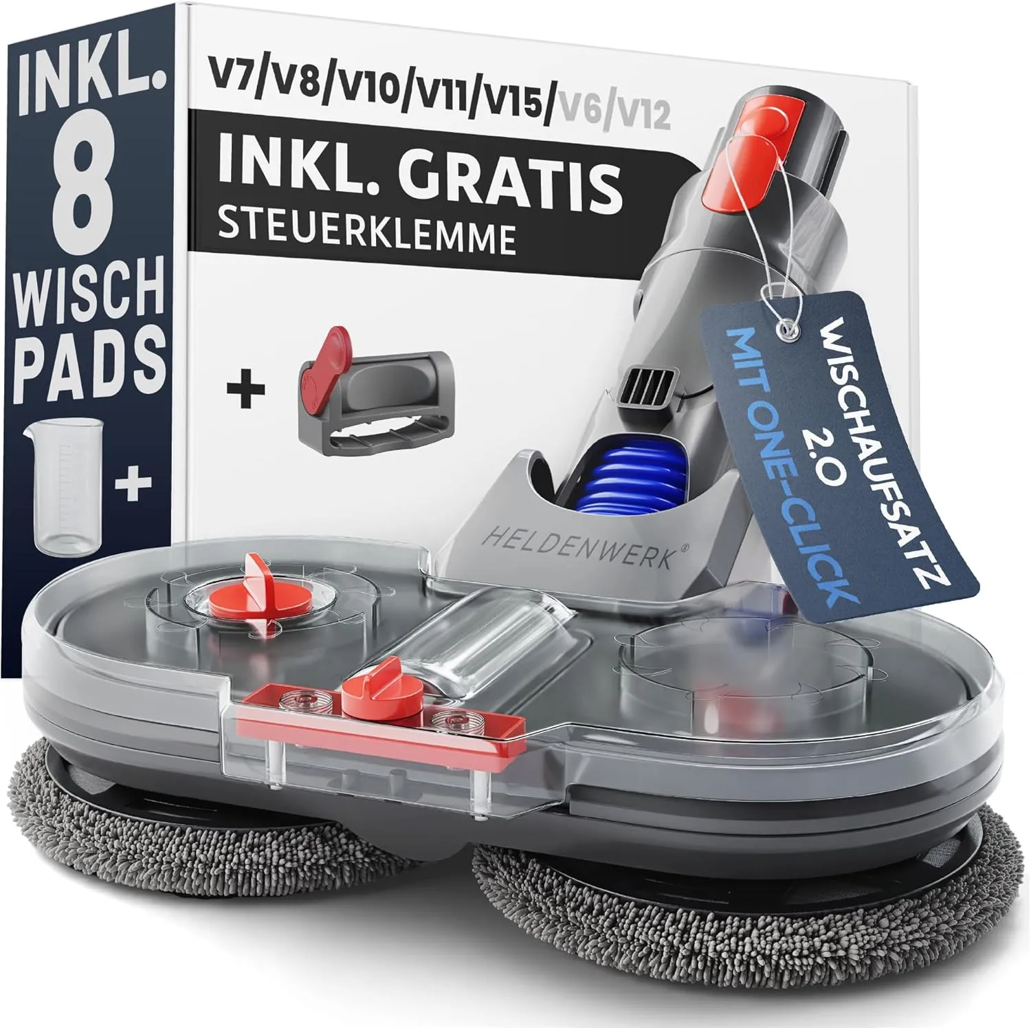 Bild von HELDENWERK Wischaufsatz für Dyson V7 bis V15 mit Wassertank, Füllbehälter und 8 waschbaren Mops