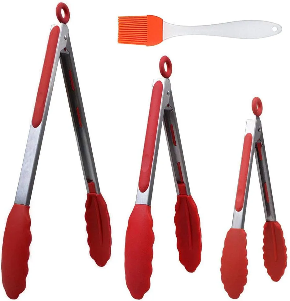 Bild von HENSHOW Grillzangen Set aus Edelstahl mit 3, 7 und 12 Zoll, hitzebeständigem Silikongriff, ideal zum Kochen, Servieren und Grillen