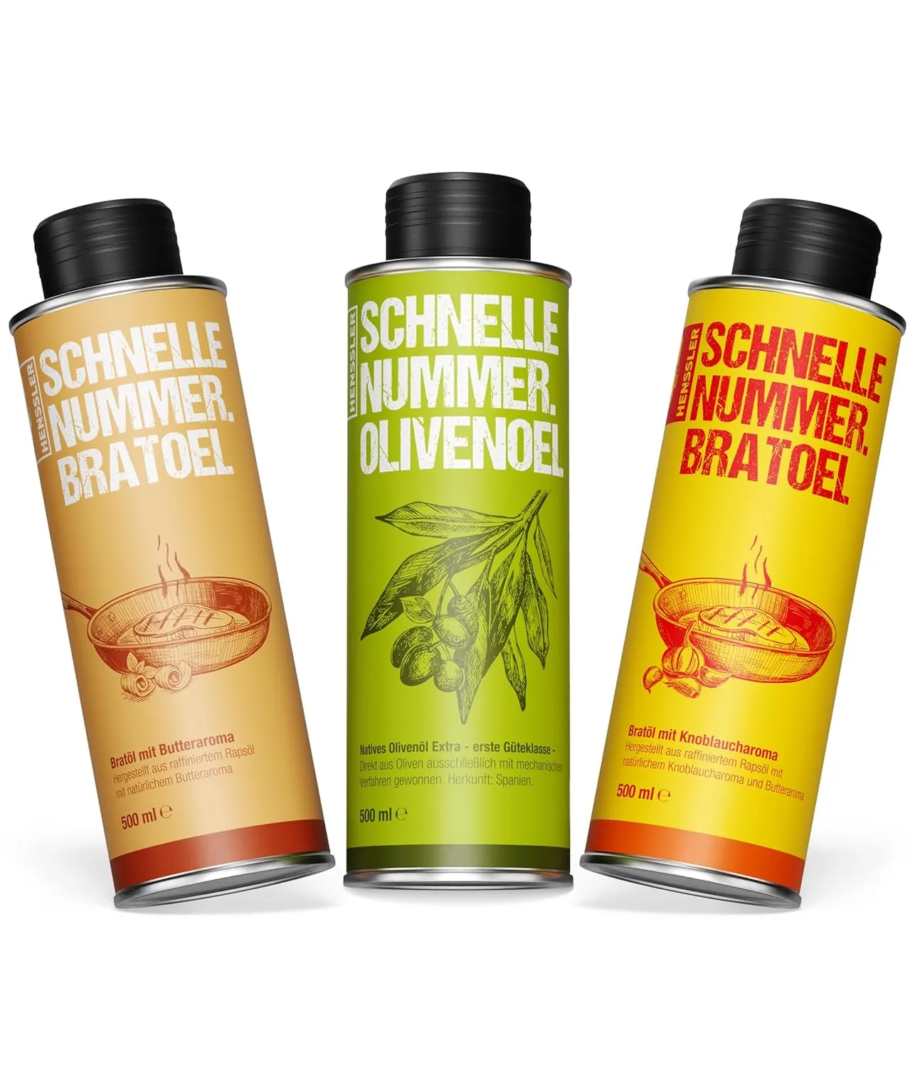 Bild von HENSSLERS Ölrounder 3er Set Bratöl auf Rapsbasis mit Butternote und Knoblaucharoma, 3x 500ml für warme und kalte Speisen
