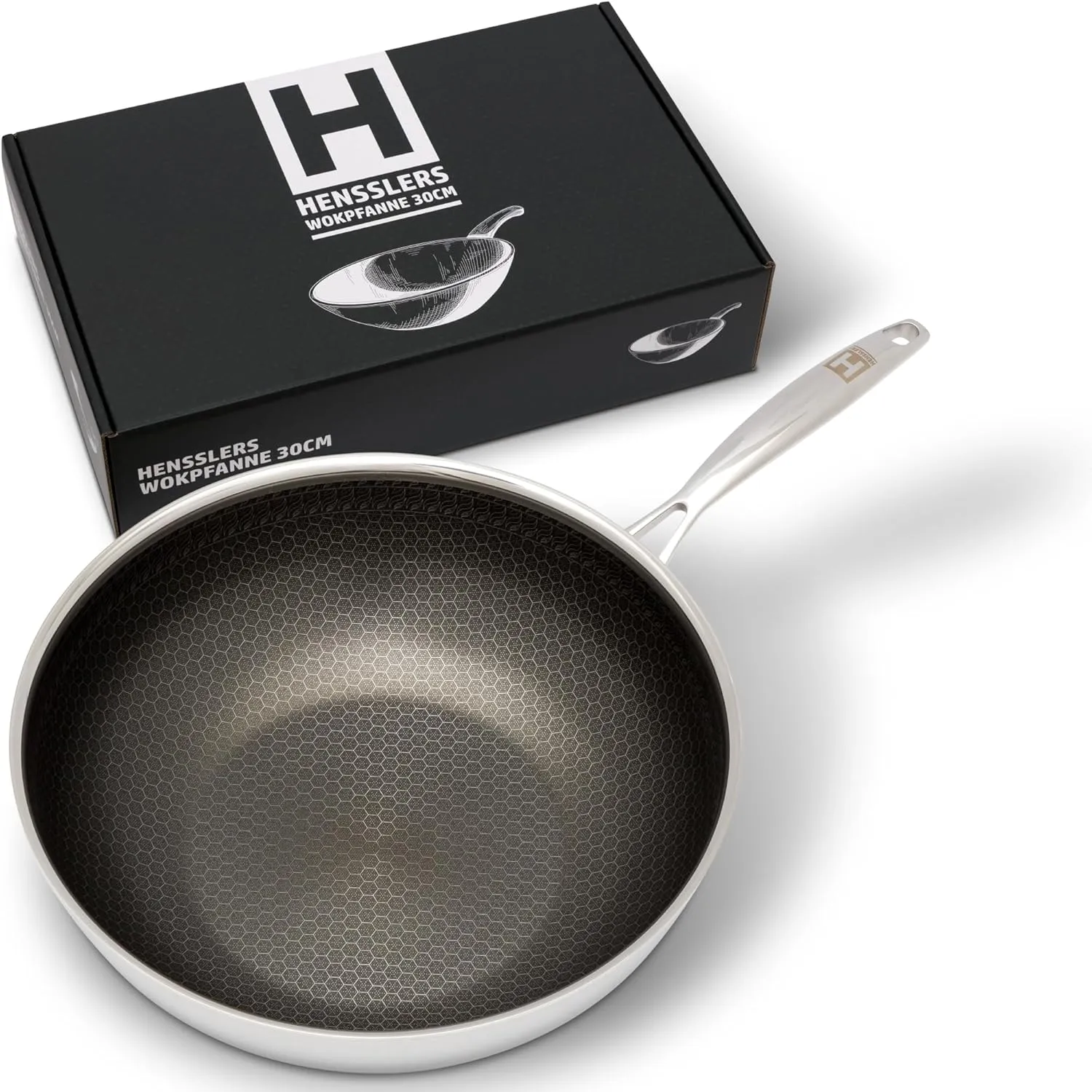 Bild von HENSSLERS Wokpfanne mit 30 cm Durchmesser aus Edelstahl und Aluminium, geeignet für alle Herdarten inklusive Induktion, kratzfest und robust