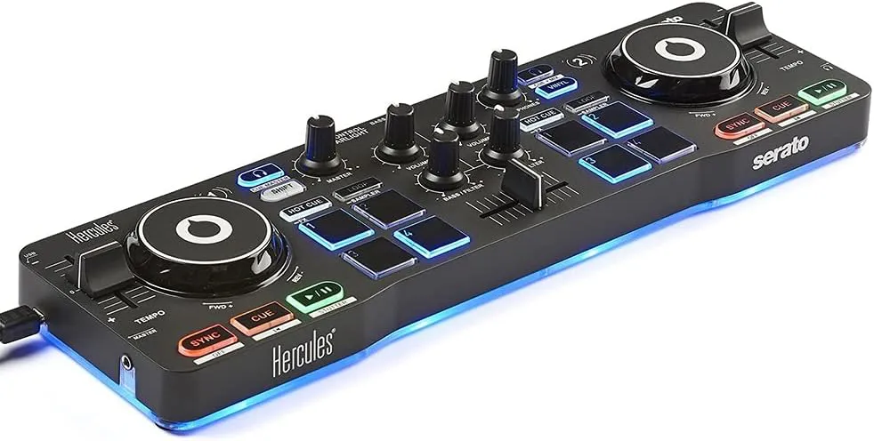 Bild von Hercules DJControl Starlight tragbarer DJ-USB-Controller mit 2 Decks und 8 Pads, inklusive Serato DJ Lite Software für PC und Mac