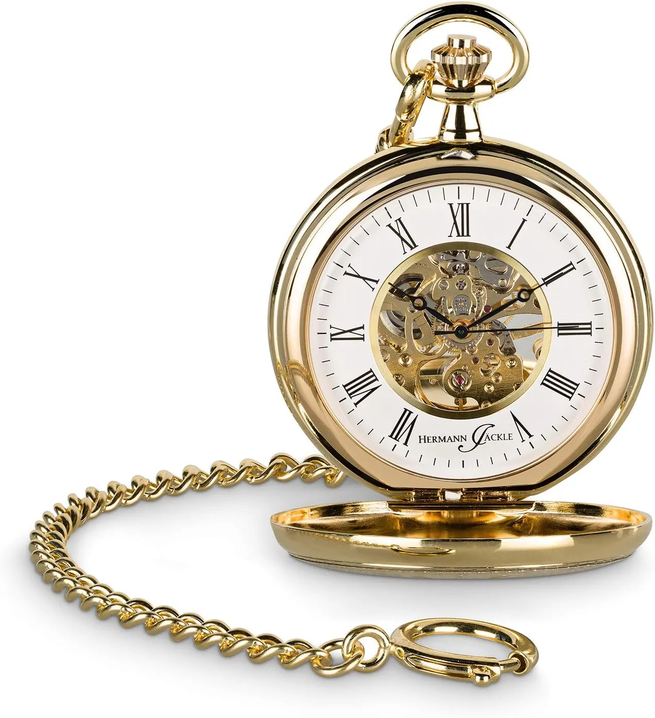 Bild von Hermann Jäckle Bayreuth Taschenuhr vergoldet mit Handaufzug und Skelettwerk inklusive Kette und Reiseetui