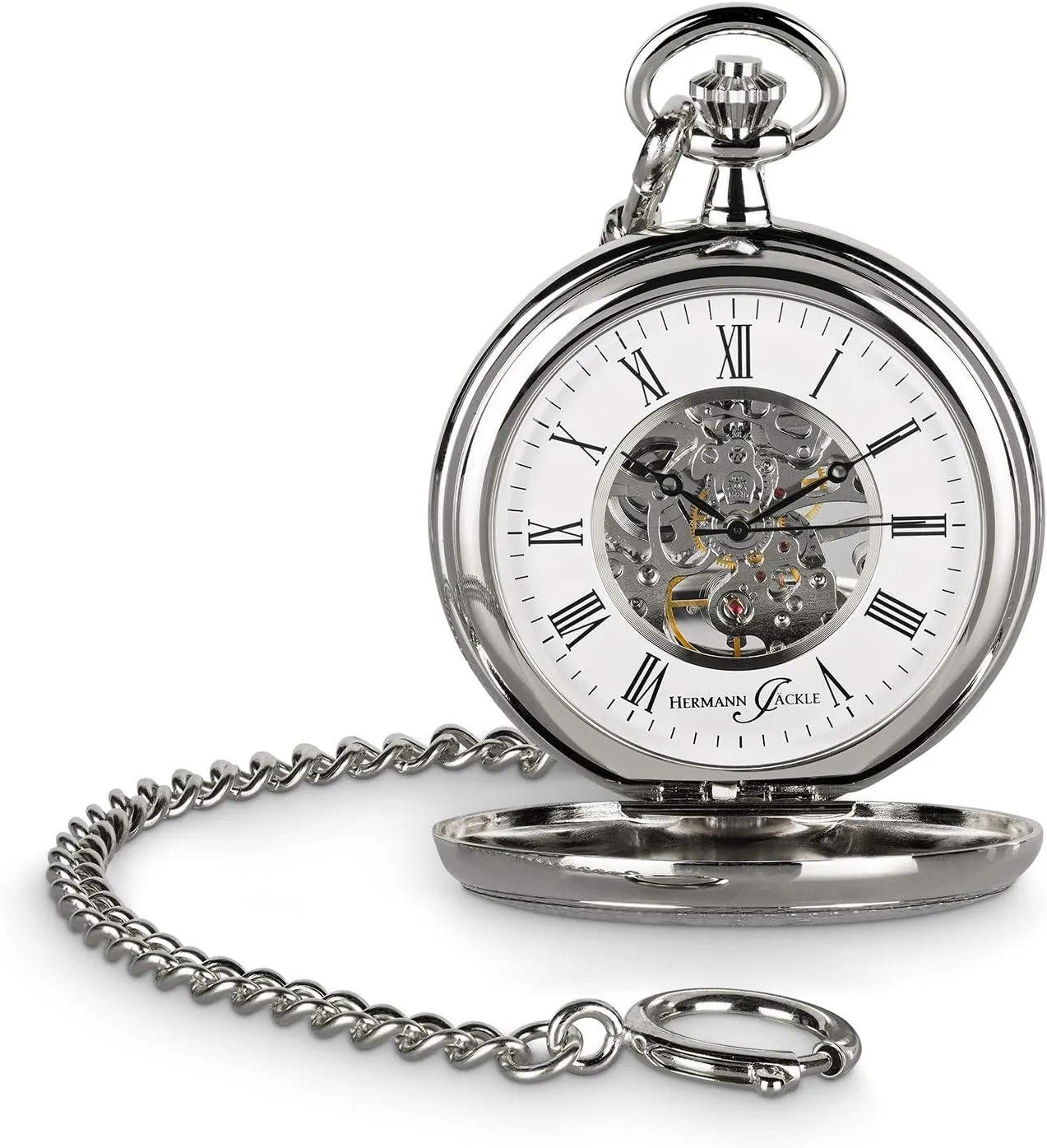 Bild von Hermann Jäckle Taschenuhr Bayreuth mit Skelett-Handaufzug, Mineralglas, Kette und Reiseetui im klassischen Vintage Design