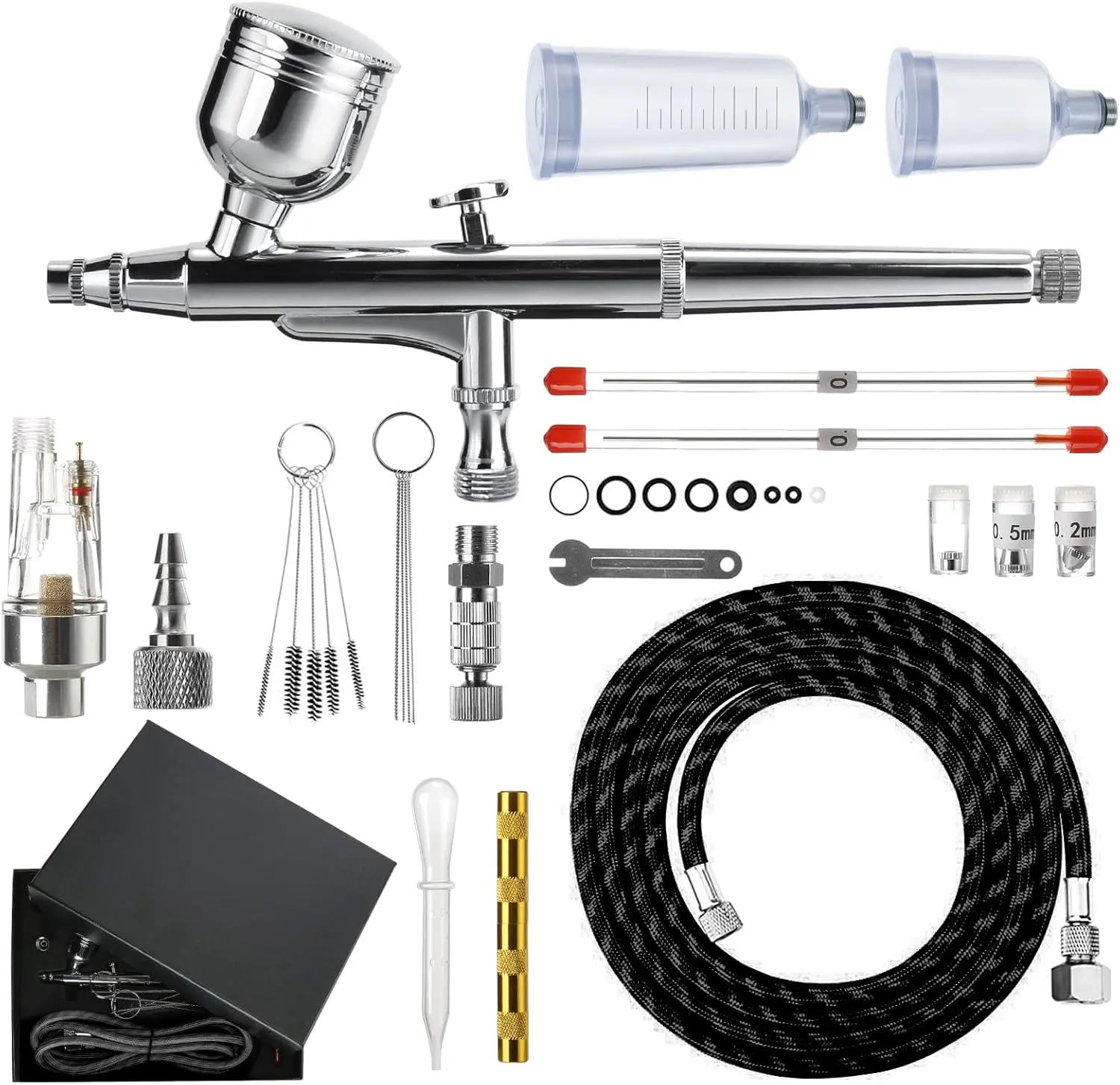 Bild von Hersance Airbrush Set mit Fachmann Pistole und Düsen in 0,2mm, 0,3mm und 0,5mm, inklusive Schlauch und Reinigungsset