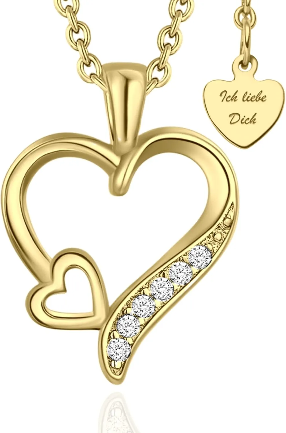 Bild von Herzkette aus 925er Silber mit vergoldetem Anhänger und der Gravur Ich Liebe Dich, ideal als Geschenk für Frauen zu besonderen Anlässen