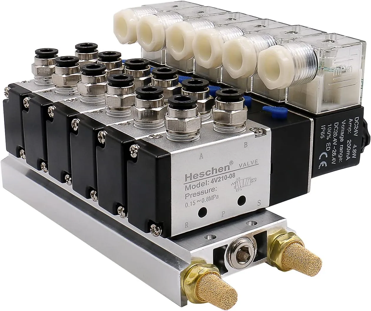 Bild von Heschen 4V210-08 elektrisches Magnetventil Set mit 6 Stück, DC 24 V, 5 Wege 2 Positionen, inklusive Verteilerbasis und Schalldämpfer