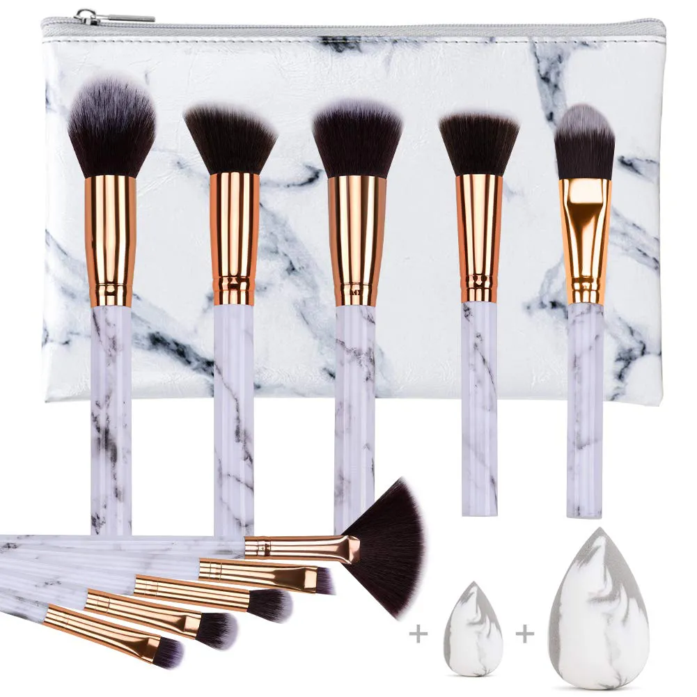 Bild von HEYMKGO 10-teiliges Make-up Pinselset mit Schwamm und Kosmetiktasche im Marmormuster