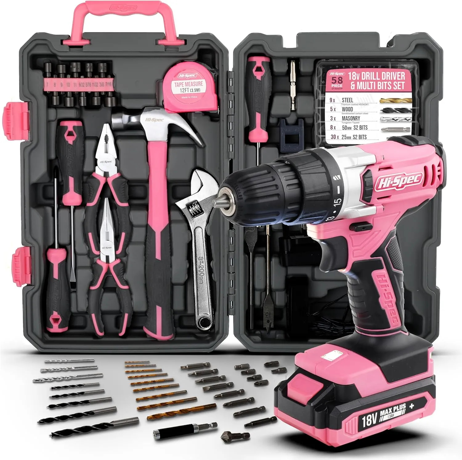 Bild von Hi-Spec 81-teiliges Werkzeugset in Pink mit 18V Akkubohrer und Bitset in praktischem Aufbewahrungskoffer