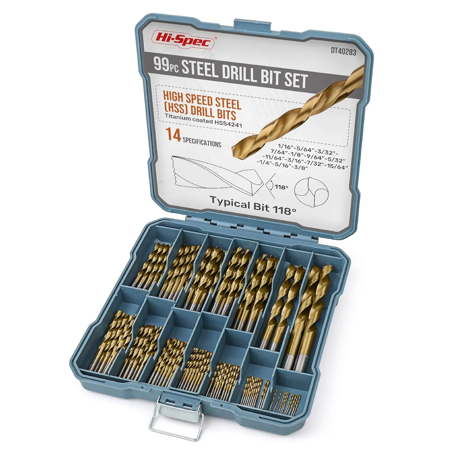 Bild von Hi-Spec 99-teiliges Bohrer Set mit Titan HSS-Stahl in 14 Größen von 1mm bis 10mm für Holz, Metall und Kunststoff, inklusive Aufbewahrungskoffer