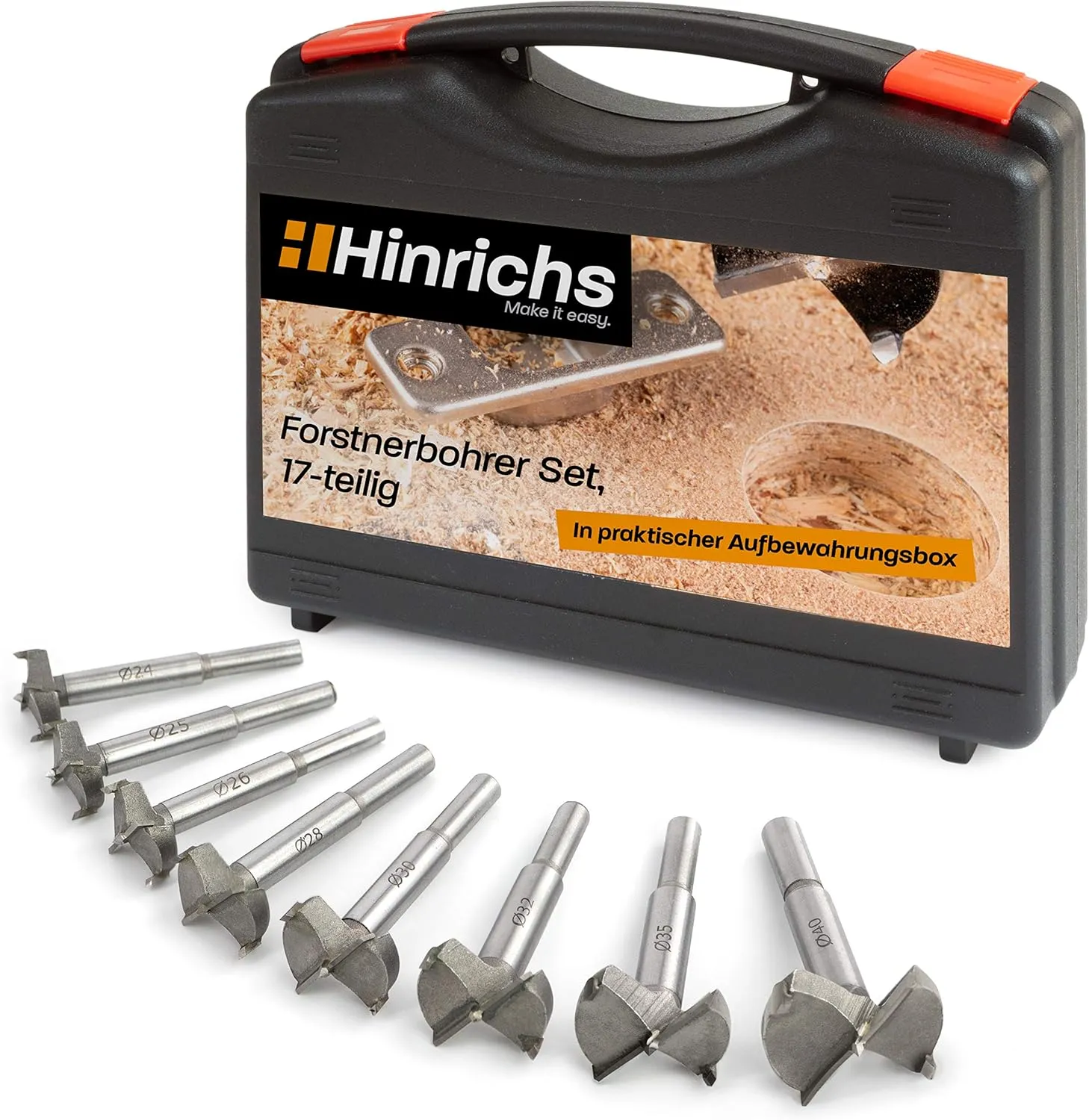 Bild von Hinrichs 17-teiliges Forstnerbohrer Set im Koffer mit Bohrern von 15 bis 40 mm für Holz