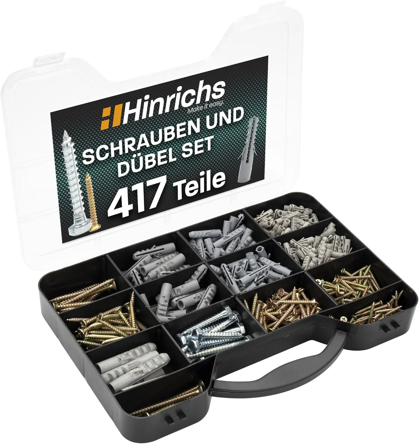 Bild von Hinrichs 417-teiliges Schrauben und Dübel Set in Aufbewahrungskoffer mit 204 Dübel und 213 Schrauben in verschiedenen Größen
