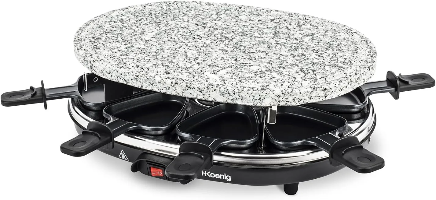 Bild von H.Koenig RP85 Raclette-Gerät für 8 Personen mit Naturstein-Grillplatte und Pfännchen, 900 Watt, schwarz