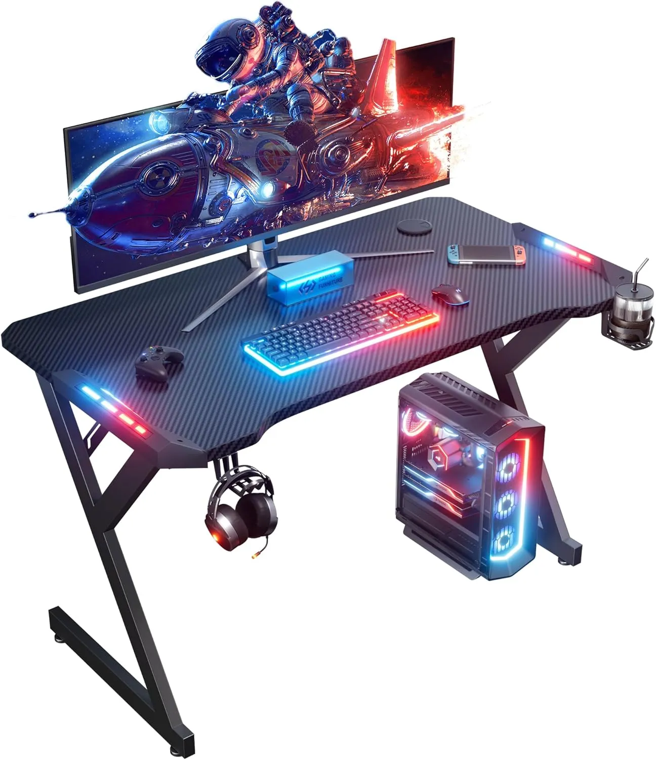 Bild von HLONONE Gaming Tisch 100 x 55 cm mit LED und Kohlefaserbeschichtung, stabiler Computertisch in Schwarz mit Getränkehalter und Kopfhörerhaken