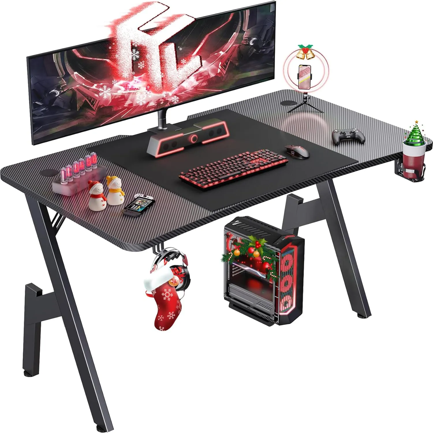 Bild von HLONONE Gaming Tisch 120 x 60 cm mit Kohlefaserbeschichtung und Zubehör in Schwarz