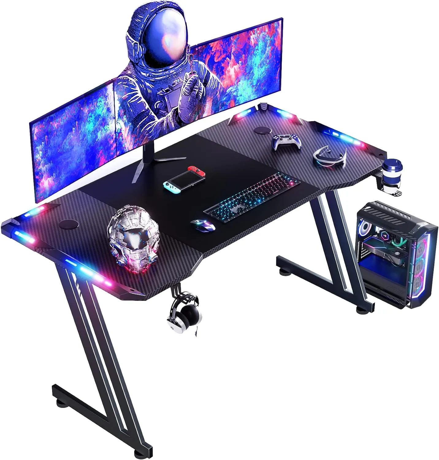 Bild von HLONONE Gaming Tisch 120 x 60 cm mit LED und Kohlefaseroberfläche, stabiler Computertisch mit Kopfhörerhaken und Getränkehalter in Schwarz