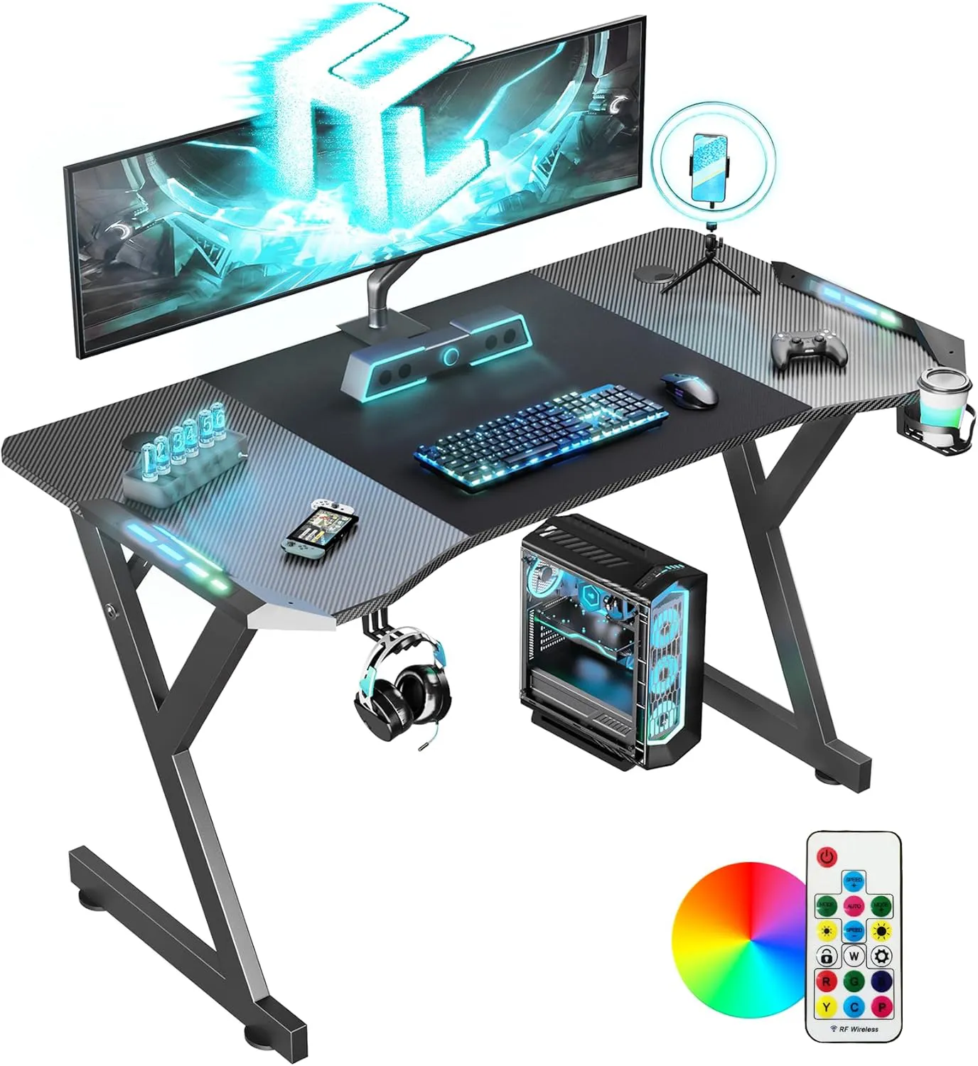 Bild von HLONONE LED Gaming Tisch 120 x 60 cm mit Kohlefaserbeschichtung, Getränkehalter und Kopfhörerhaken in Schwarz