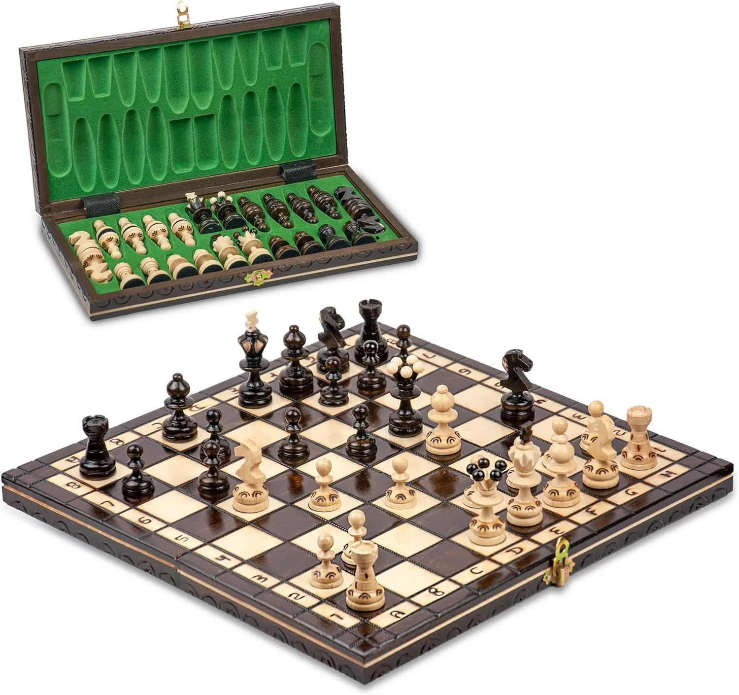 Bild von Hochwertiges Schachspiel aus Holz mit klappbarem Schachbrett und großen Figuren, 35 cm