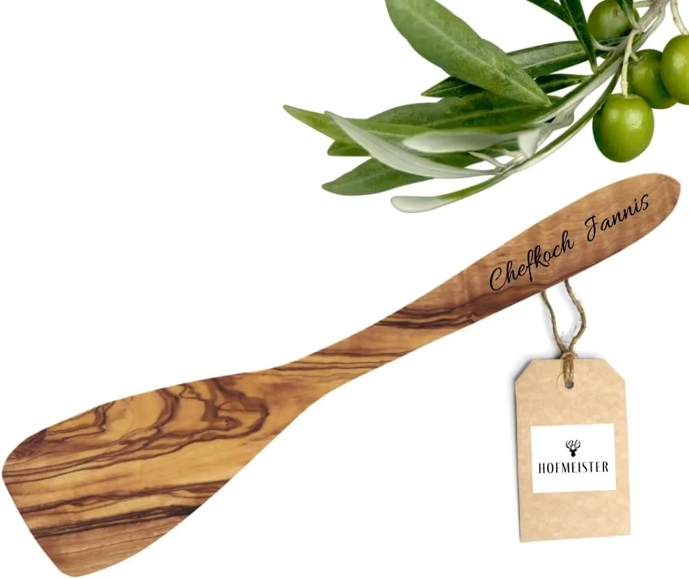 Bild von HOFMEISTER Olivenholz Pfannenwender mit personalisierter Gravur, 29 cm lang, ideales Geschenk für Hobbyköche