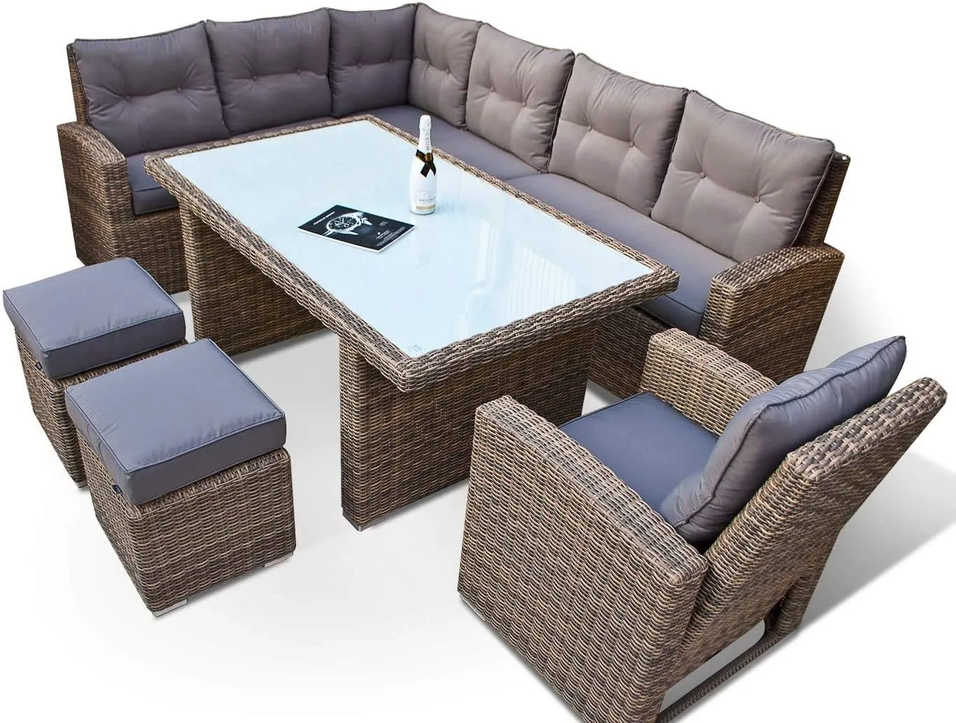 Bild von Hohe Dining Lounge aus PolyRattan in Naturfarben mit grauem Rundrattan, deutscher Hersteller, 8 Jahre Garantie, eigene Produktion