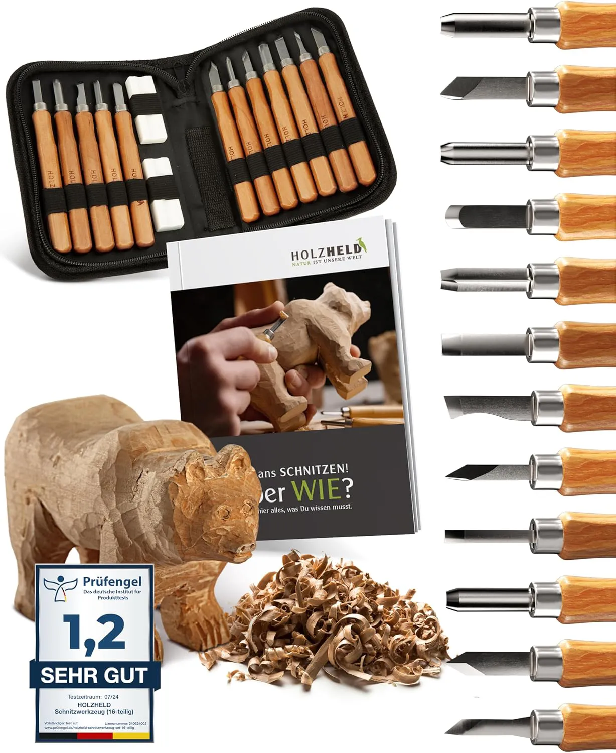 Bild von HOLZHELD 16-teiliges Schnitzwerkzeug Set mit 12 Schnitzmessern und Anleitung für ein Projekt in praktischer Werkzeugtasche
