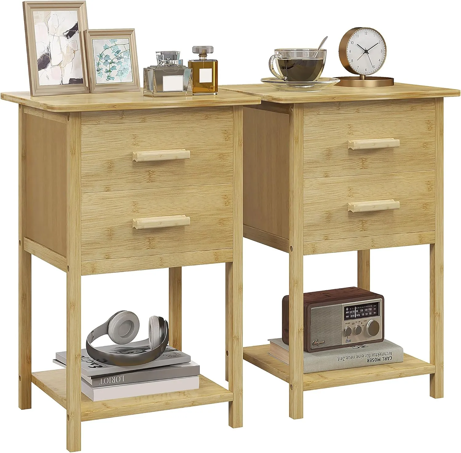 Bild von HOMCOM Nachttisch Set mit 2 Nachtschränken in Naturfarbe, jeweils mit Schublade und Ablage, Maße 40 x 34 x 60 cm