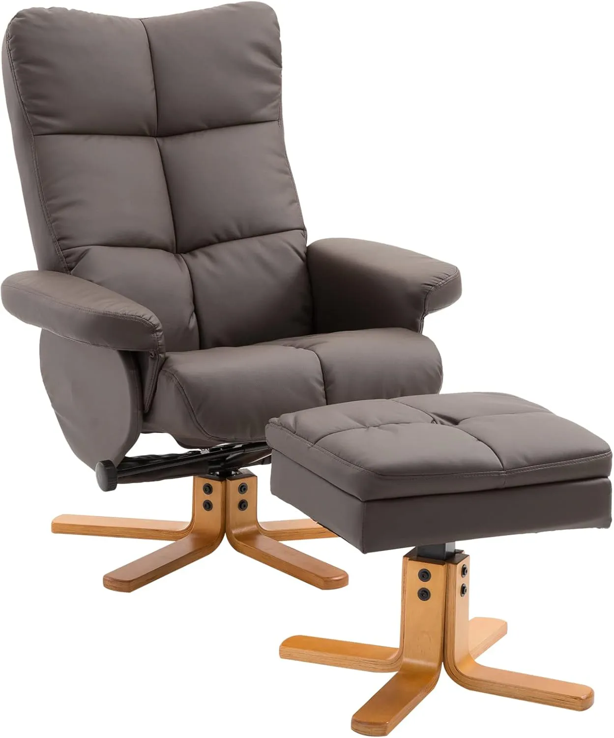 Bild von HOMCOM Relaxsessel mit Hocker und Stauraum, drehbar und mit Liegefunktion, braunes PU und Holzgestell, 80 x 86 x 99 cm