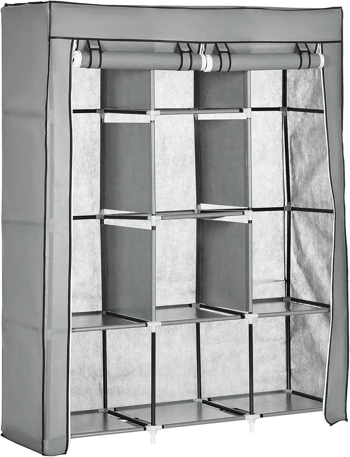 Bild von HOMCOM Stoffschrank in Hellgrau mit 8 Ebenen und Kleiderstangen, faltbar, Maße 125 x 43 x 162,5 cm