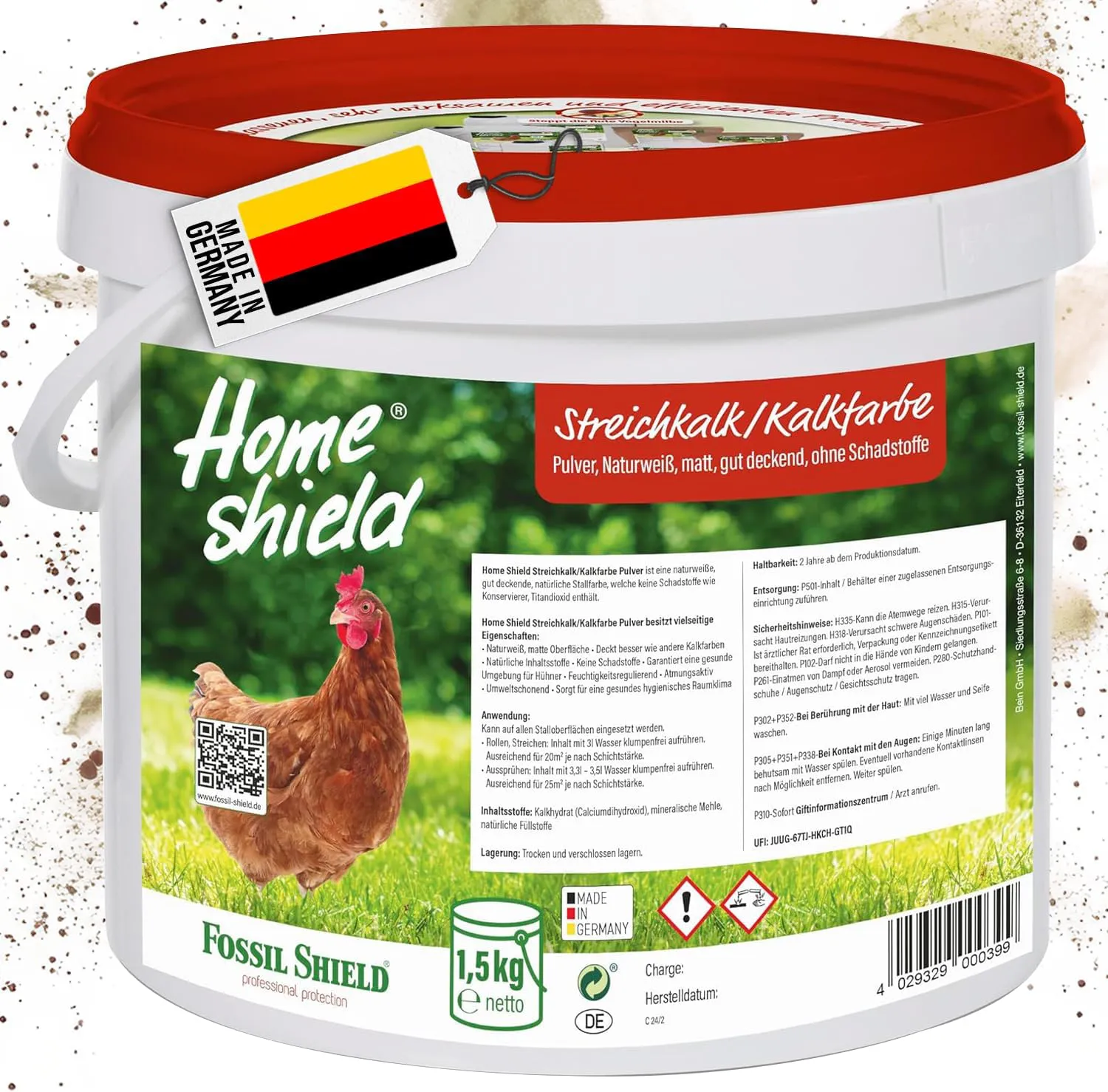 Bild von Home Shield Kalkfarbe für Hühnerställe, 1,5 kg Eimer, schadstofffrei und hochdeckend in mattem Naturweiß