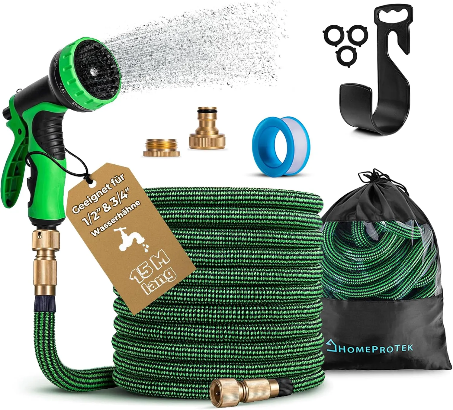 Bild von HOMEPROTEK flexibler Gartenschlauch 15m mit Messingverschraubungen und 3-fach Latex
