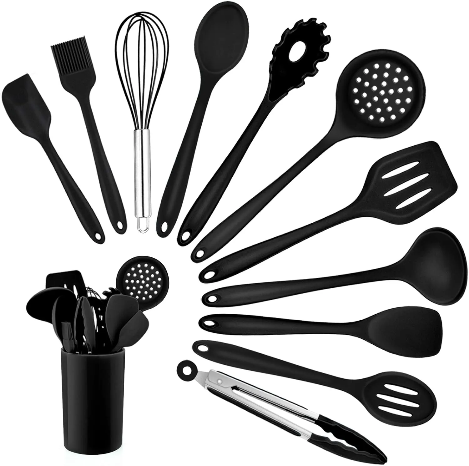 Bild von Homikit Silikon Küchenhelfer Set mit 12 Teilen in Schwarz, hitzebeständig und spülmaschinengeeignet, inklusive Utensilienhalter