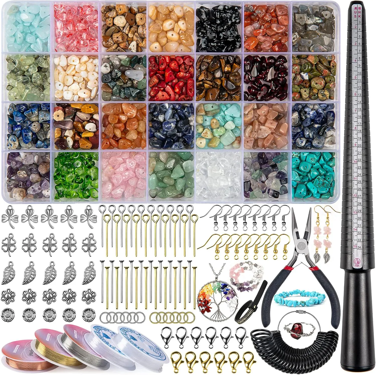 Bild von HONGTEYA Schmuck Set zum Selbermachen mit 28 Farben natürlicher Edelsteine und 1630 Kristallperlen für Ringe und Ohrringe